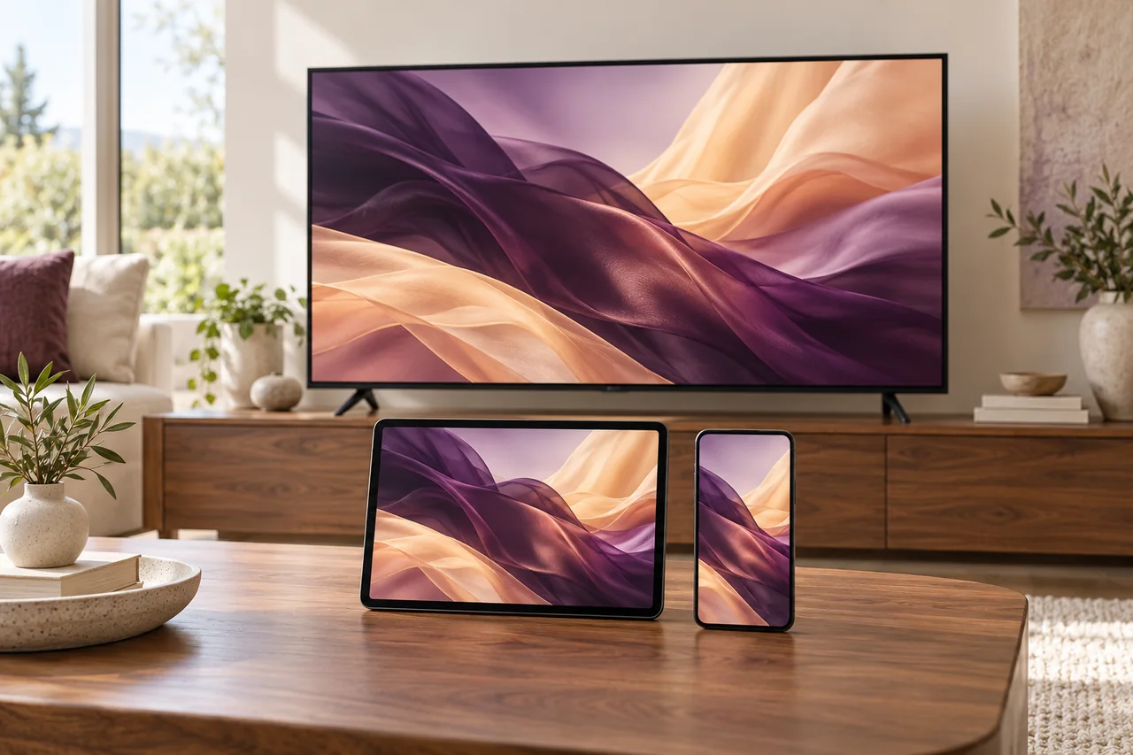 An unbranded television, tablet and phone showing coordinated plum and apricot abstract artwork.