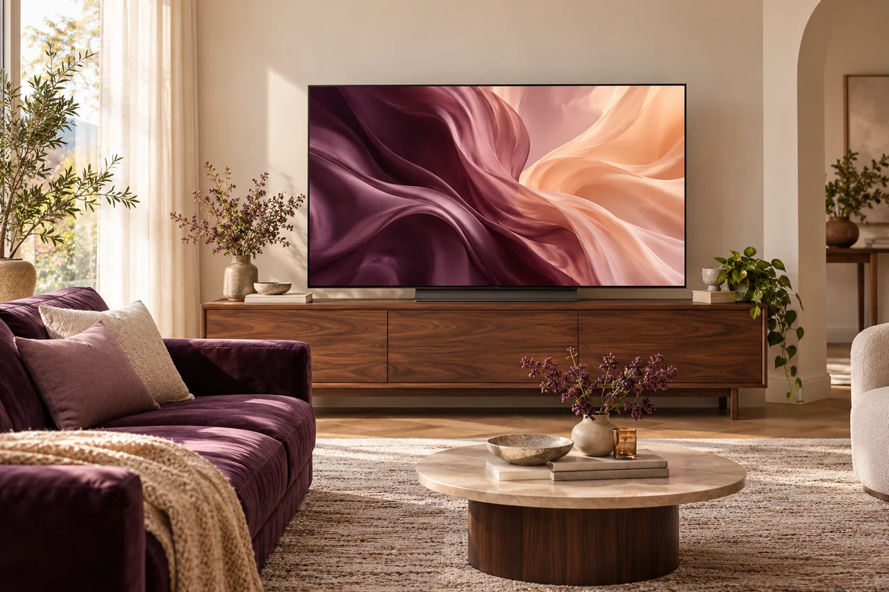 A light-filled living room with a plum sofa and an unbranded television displaying original plum and apricot artwork.