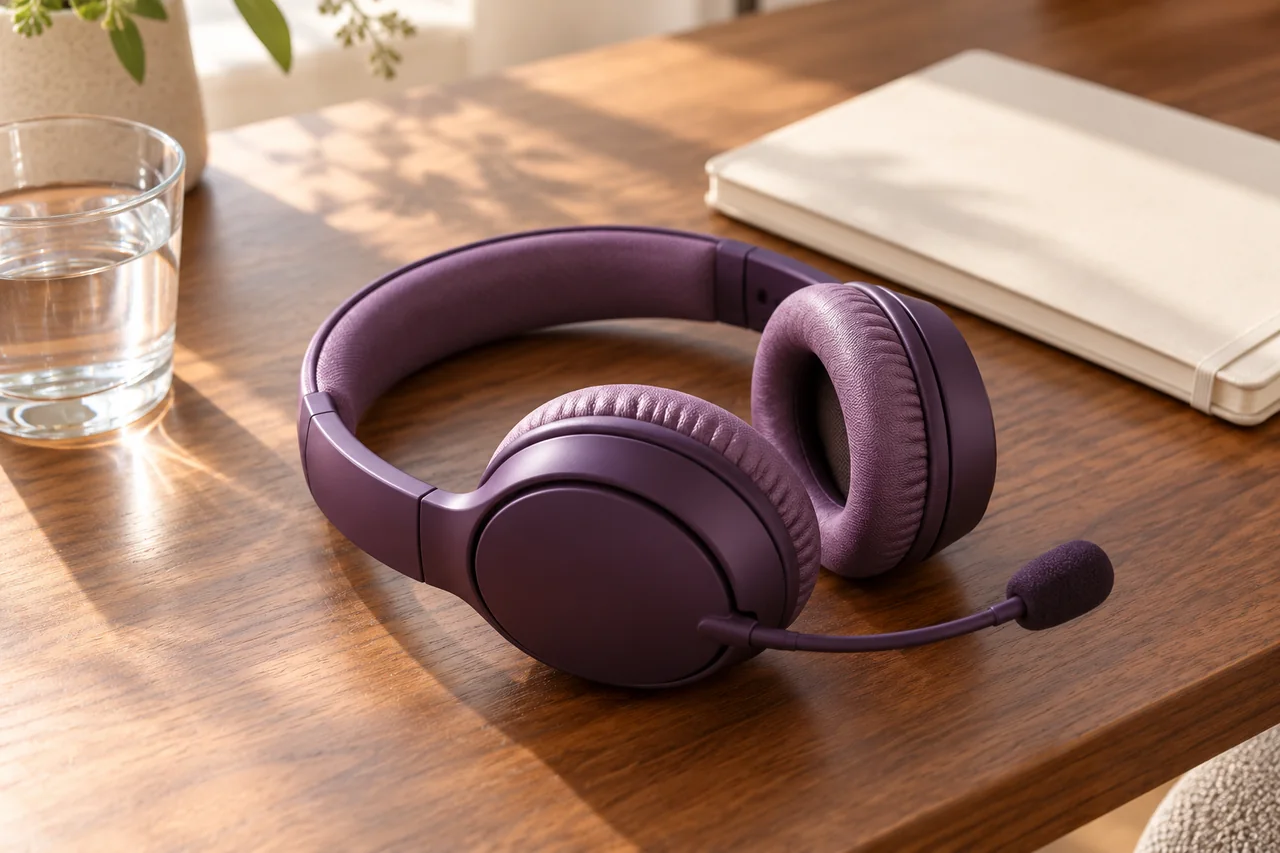 A plum support headset beside an ivory notebook and a glass of water on a walnut desk.